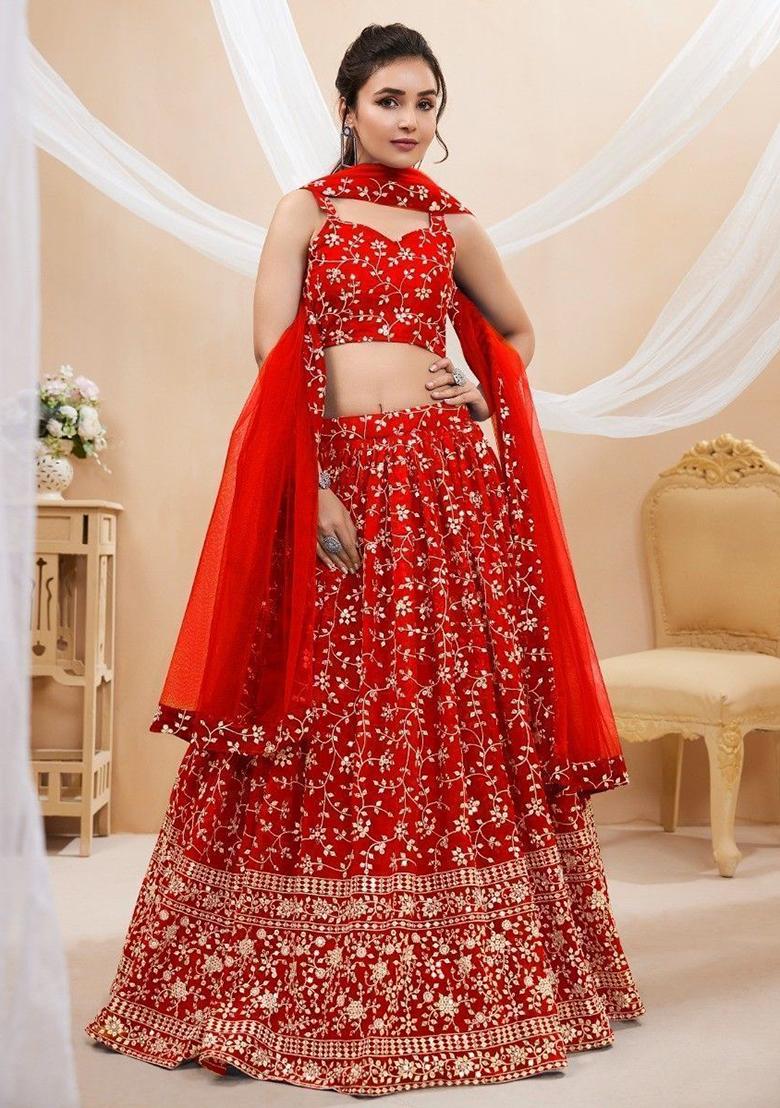 Red Embroidered Georgette Lehenga Set