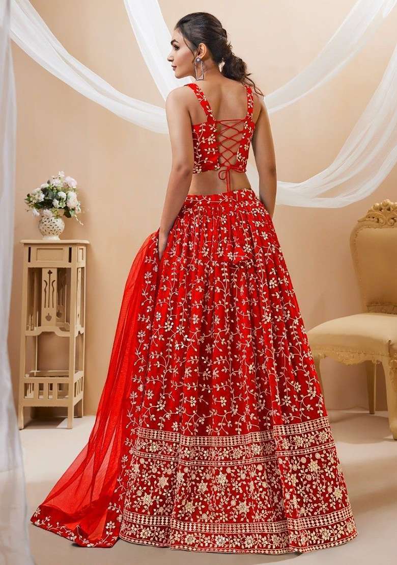Red Embroidered Georgette Lehenga Set for Diwali and Festive Wear - Indya