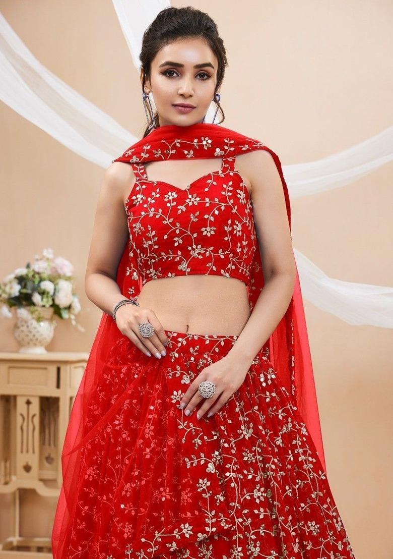 Red Embroidered Georgette Lehenga Set