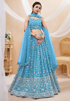 Sky Blue Embroidered Georgette Lehenga Set