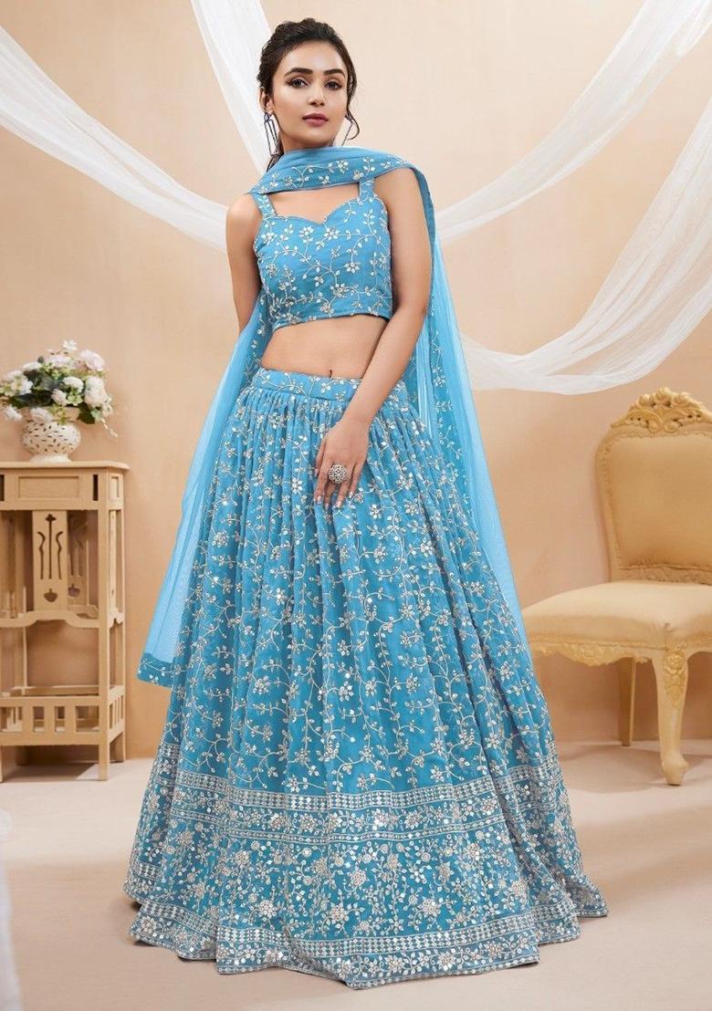 Sky Blue Embroidered Georgette Lehenga Set