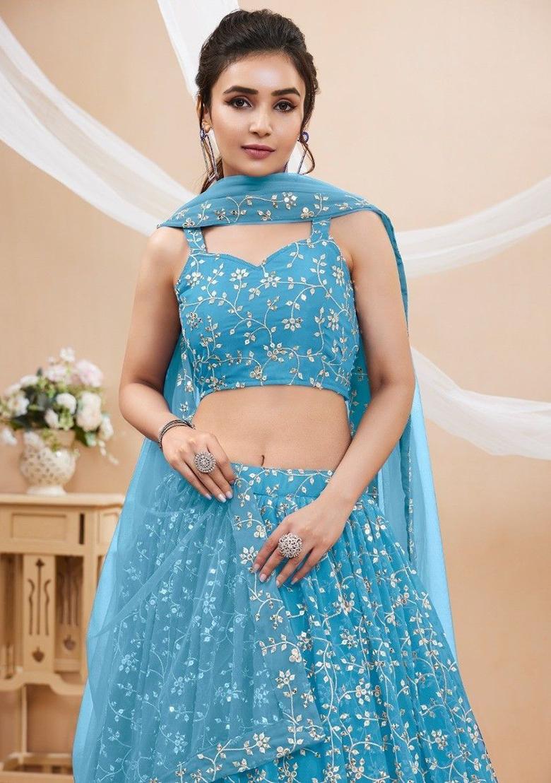Sky Blue Embroidered Georgette Lehenga Set