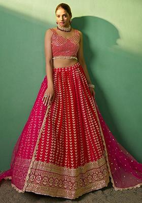 Red Sequin Embroidered Georgette Lehenga Set