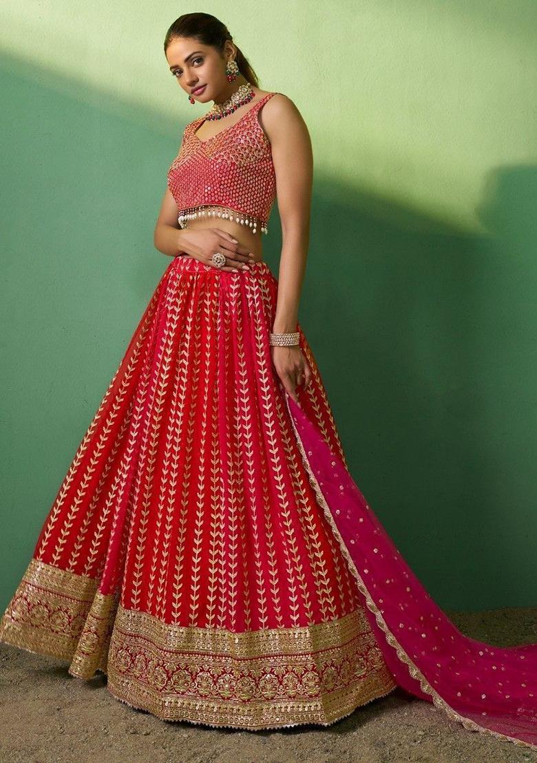 Red Sequin Embroidered Georgette Lehenga Set