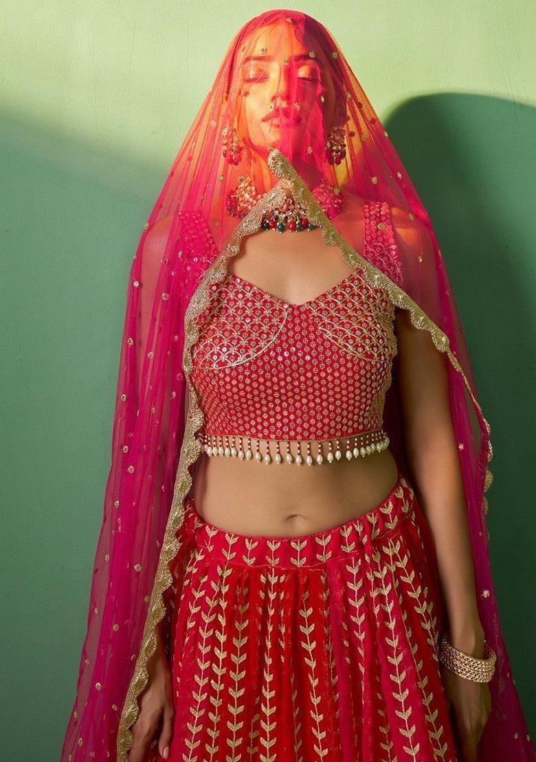 Red Sequin Embroidered Georgette Lehenga Set