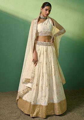Cream Embroidered Georgette Lehenga Set