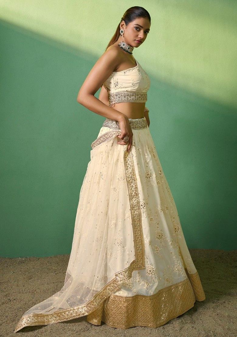 Cream Embroidered Georgette Lehenga Set