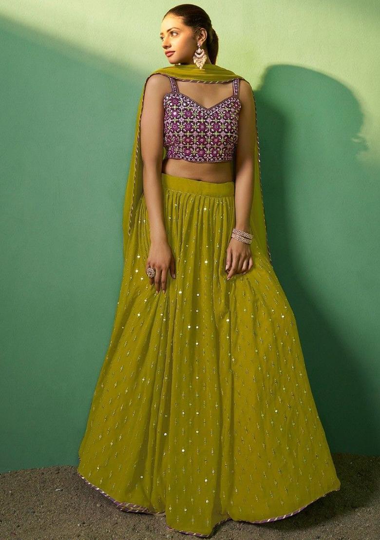 Green Sequin Embroidered Georgette Lehenga Set