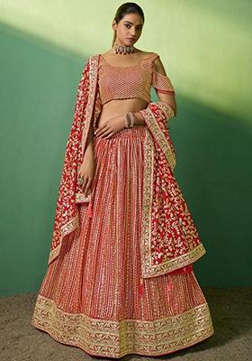 Red Sequin Embroidered Georgette Lehenga Set