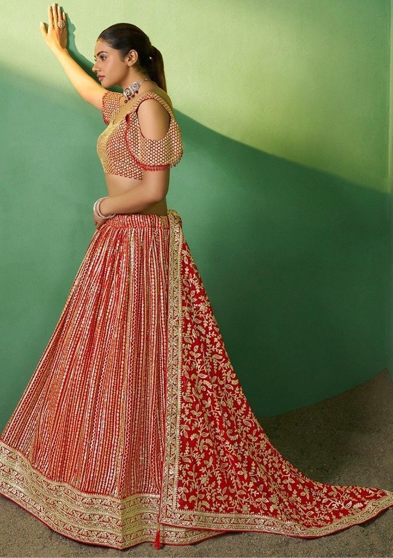 Red Sequin Embroidered Georgette Lehenga Set