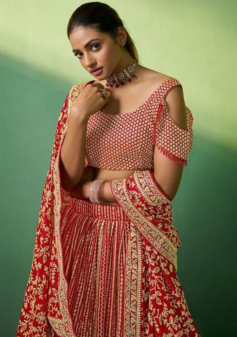 Red Sequin Embroidered Georgette Lehenga Set