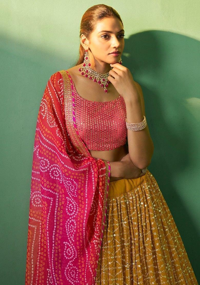 Yellow Sequin Embroidered Georgette Lehenga Set