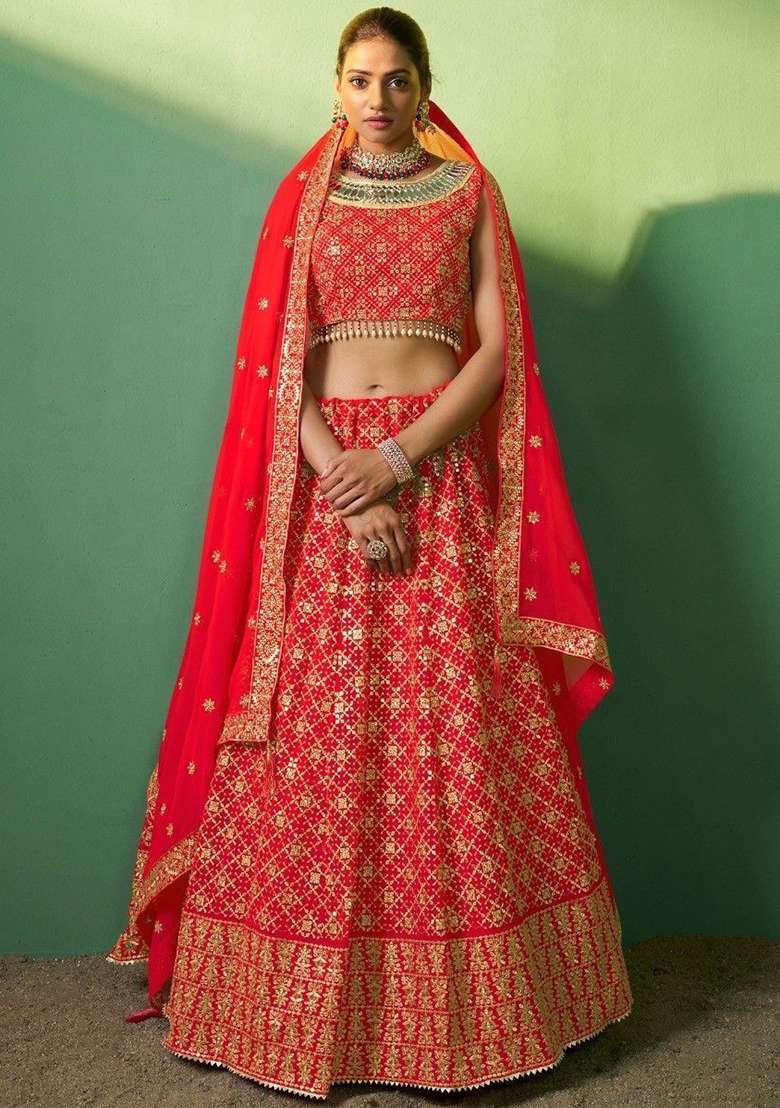 Red Embroidered Georgette Lehenga Set for Diwali and Festive Wear - Indya
