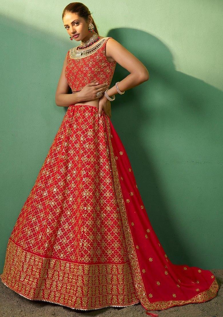 Red Embroidered Georgette Lehenga Set
