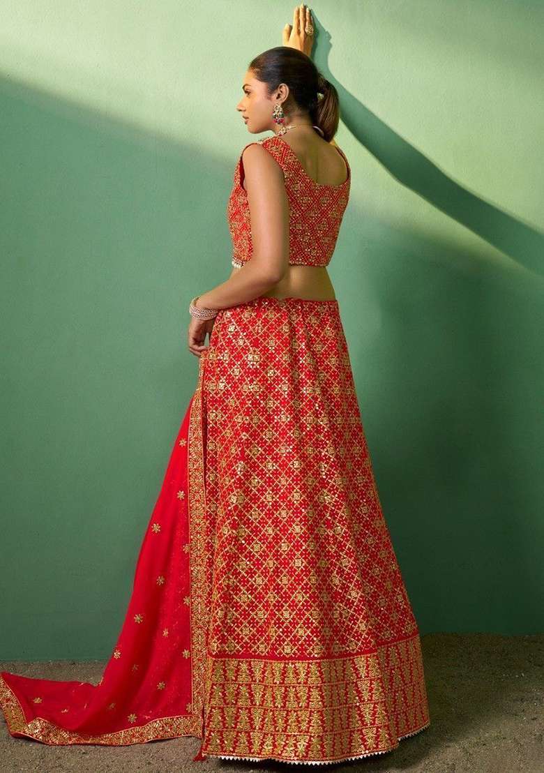 Red Embroidered Georgette Lehenga Set for Diwali and Festive Wear - Indya
