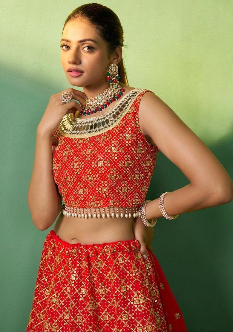 Red Embroidered Georgette Lehenga Set