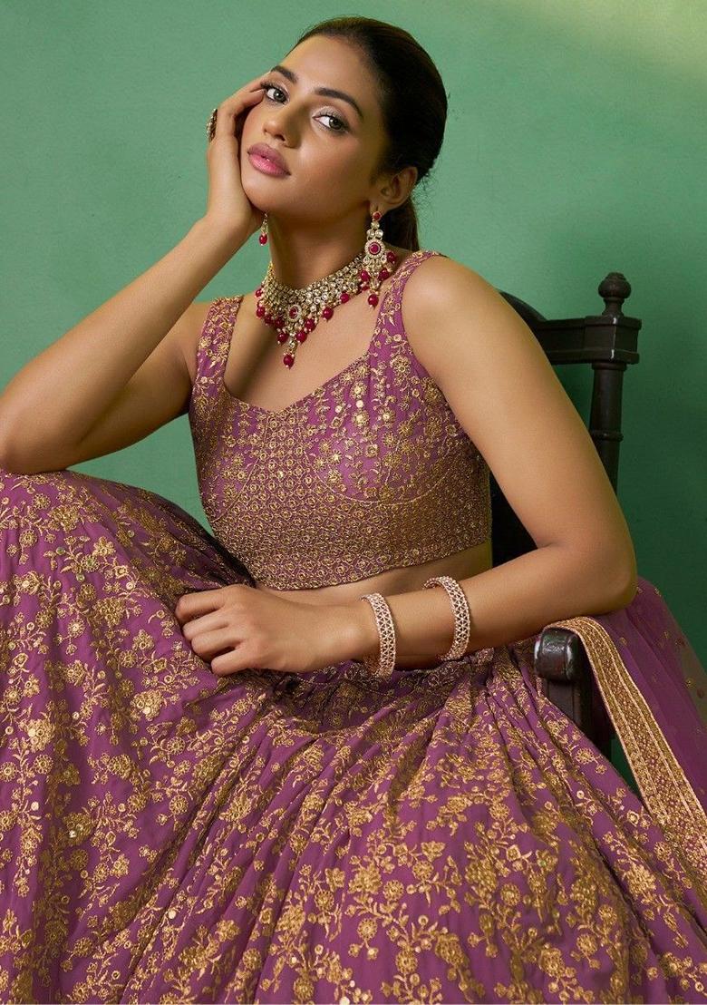 Purple Embroidered Georgette Lehenga Set