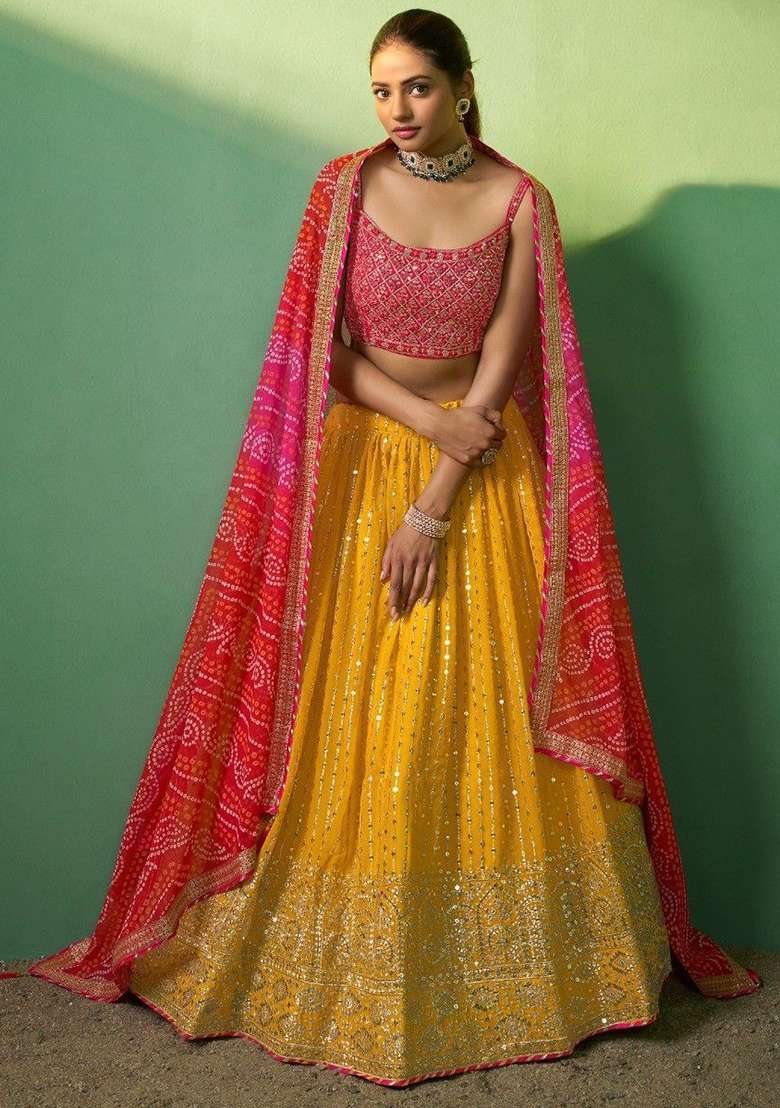 Yellow Georgette Lehenga Set with Embroidered & Sequin for Diwali | Wedding & Festive Wear - Indya