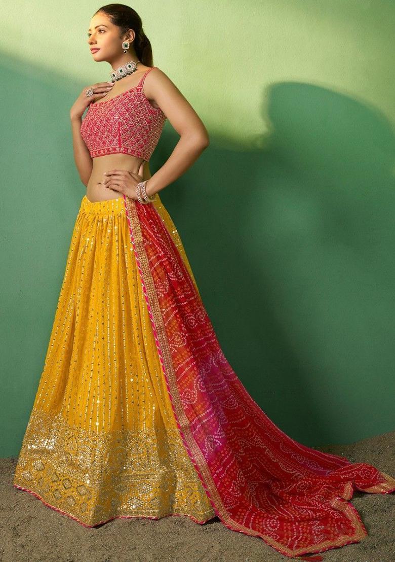 Yellow Sequin Embroidered Georgette Lehenga Set