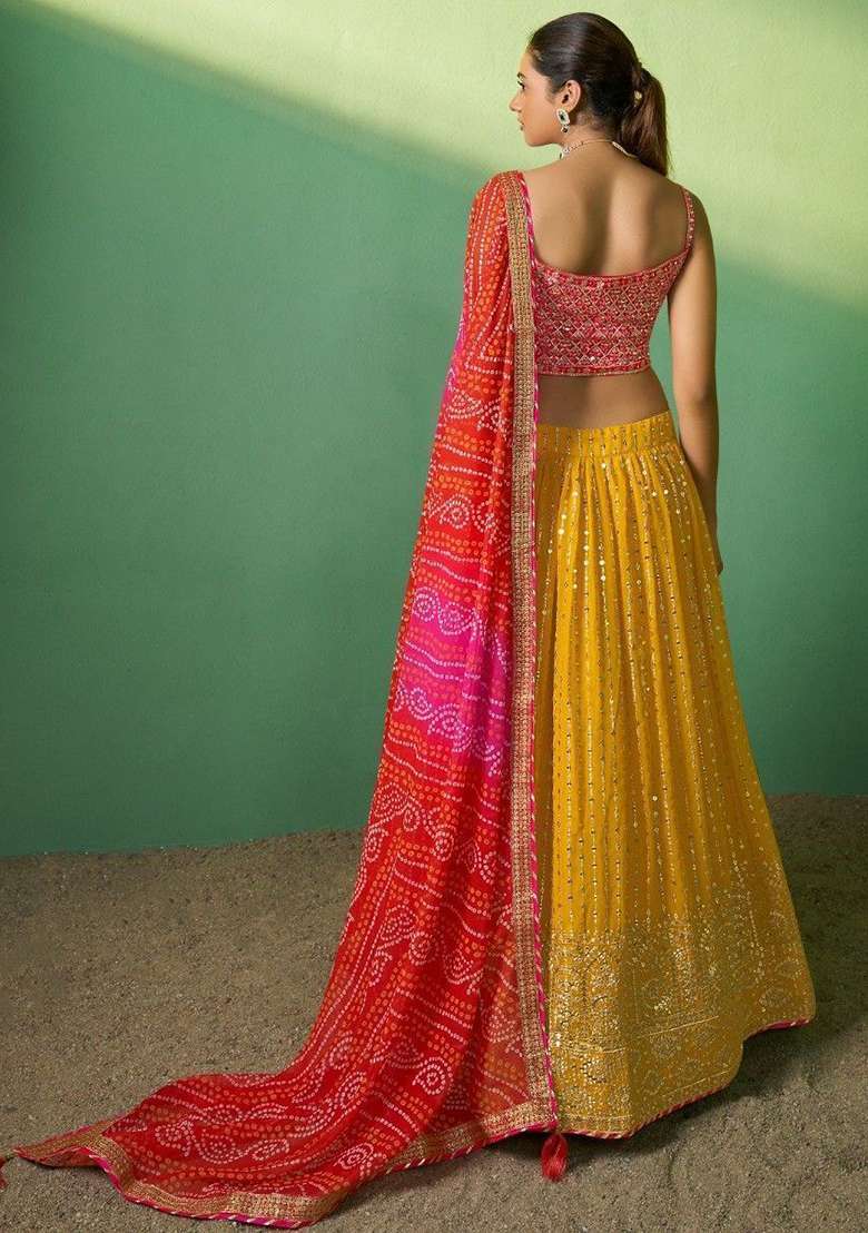 Yellow Georgette Lehenga Set with Embroidered & Sequin for Diwali | Wedding & Festive Wear - Indya