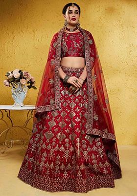 Red Embroidered Silk Lehenga Set