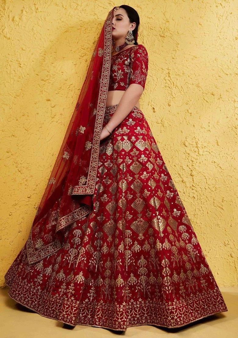 Red Embroidered Silk Lehenga Set
