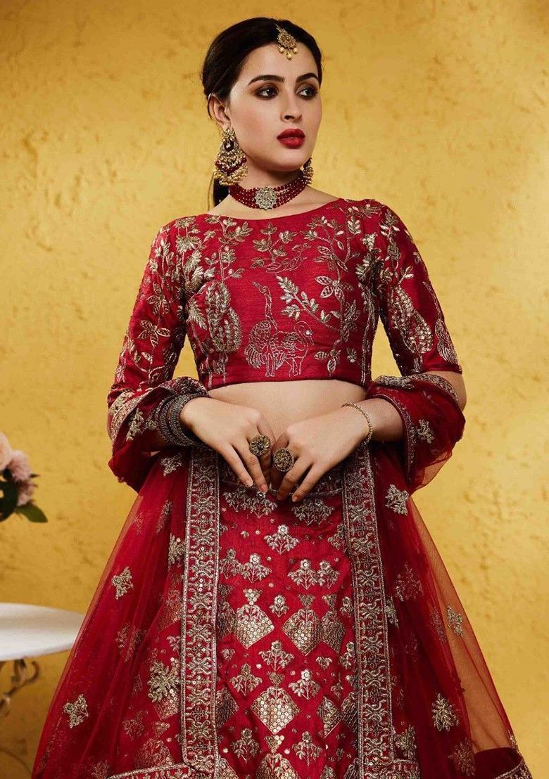 Red Embroidered Silk Lehenga Set