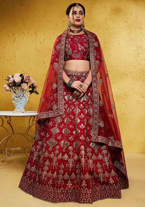 Red Embroidered Silk Lehenga Set