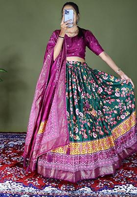Green Floral Print Silk Lehenga Set
