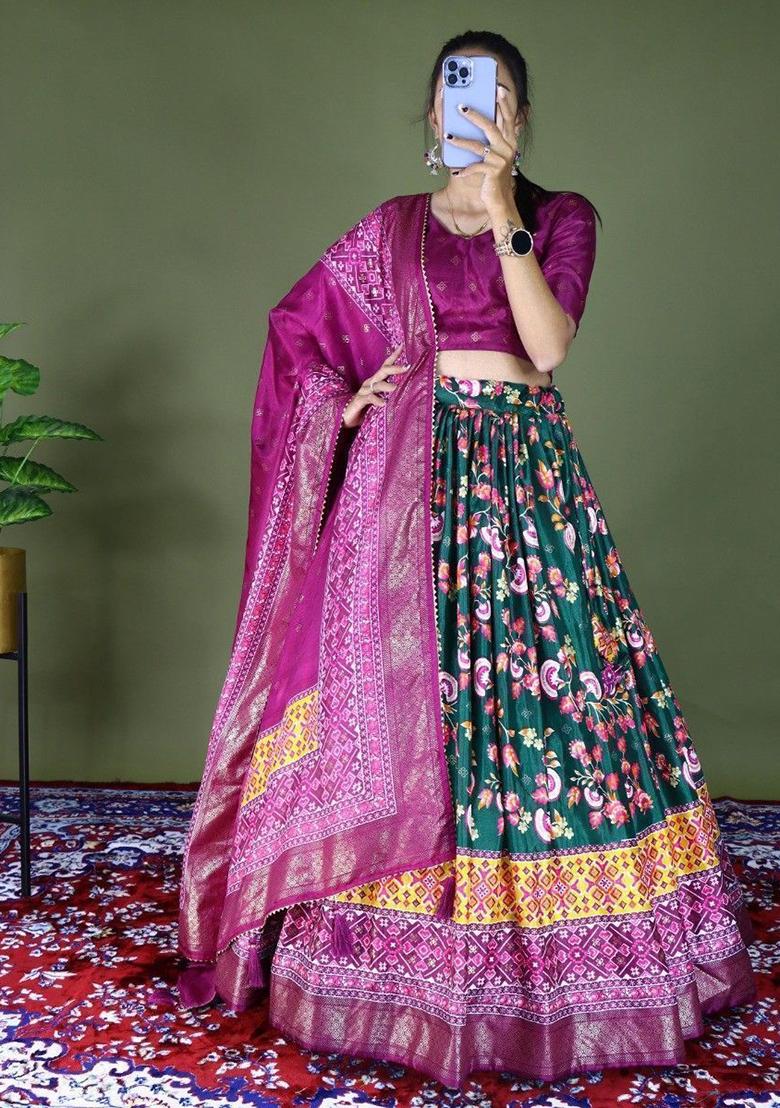 Green Floral Print Silk Lehenga Set