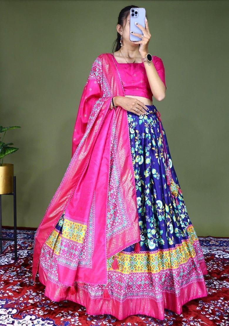 Blue Floral Print Silk Lehenga Set