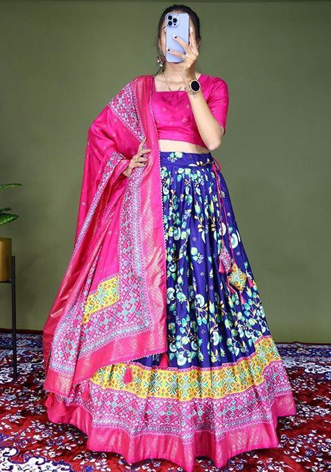 Blue Floral Print Silk Lehenga Set