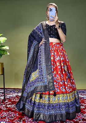 Red Floral Print Silk Lehenga Set