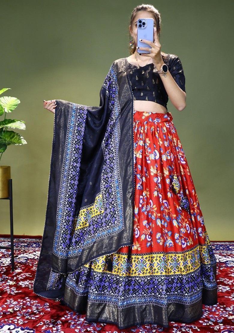 Red Floral Print Silk Lehenga Set