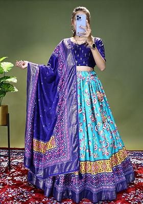 Sky Blue Floral Print Silk Lehenga Set