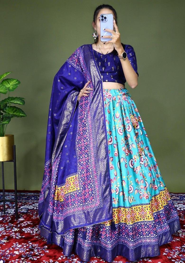 Sky Blue Floral Print Silk Lehenga Set