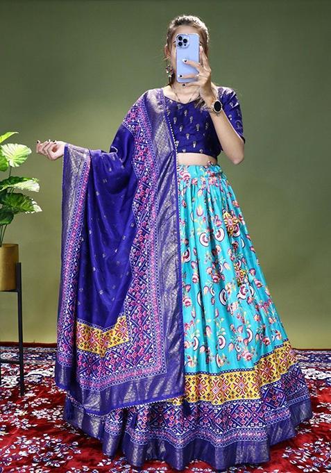 Sky Blue Floral Print Silk Lehenga Set