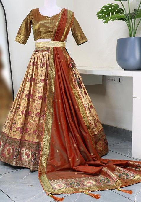 Beige Zari Weaving Paithani Lehenga Set