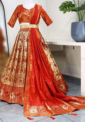 Beige Zari Weaving Paithani Lehenga Set