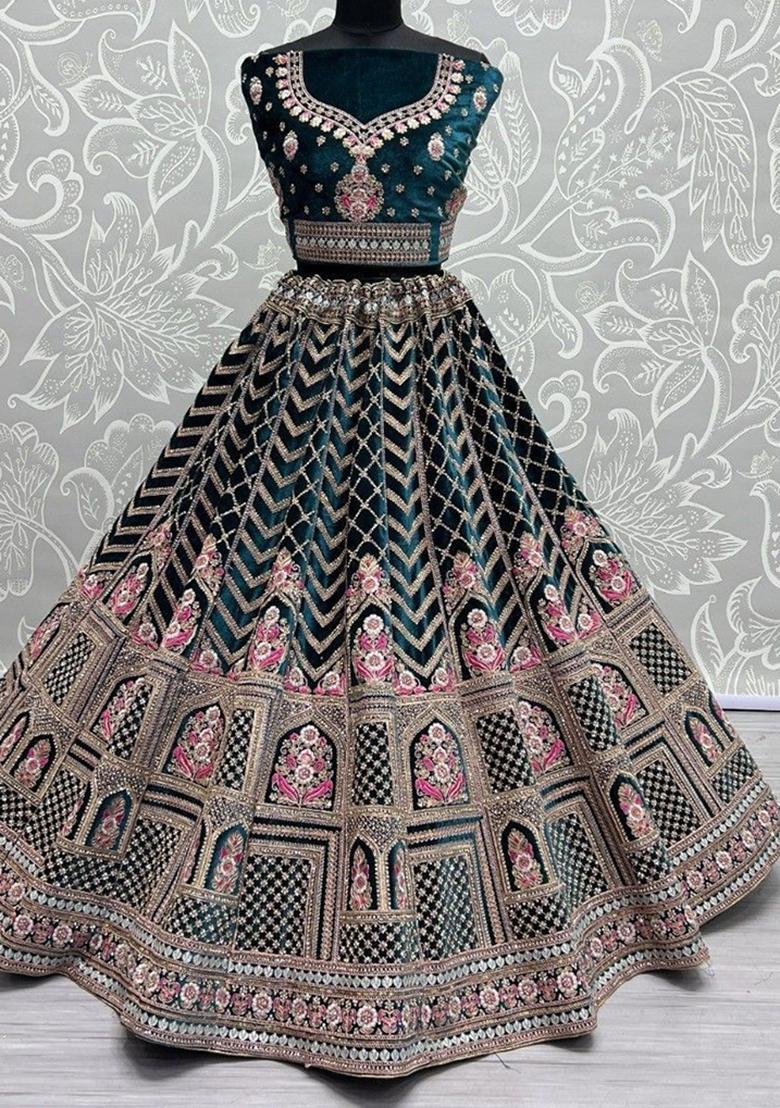 Blue Embroidered Velvet Lehenga Set