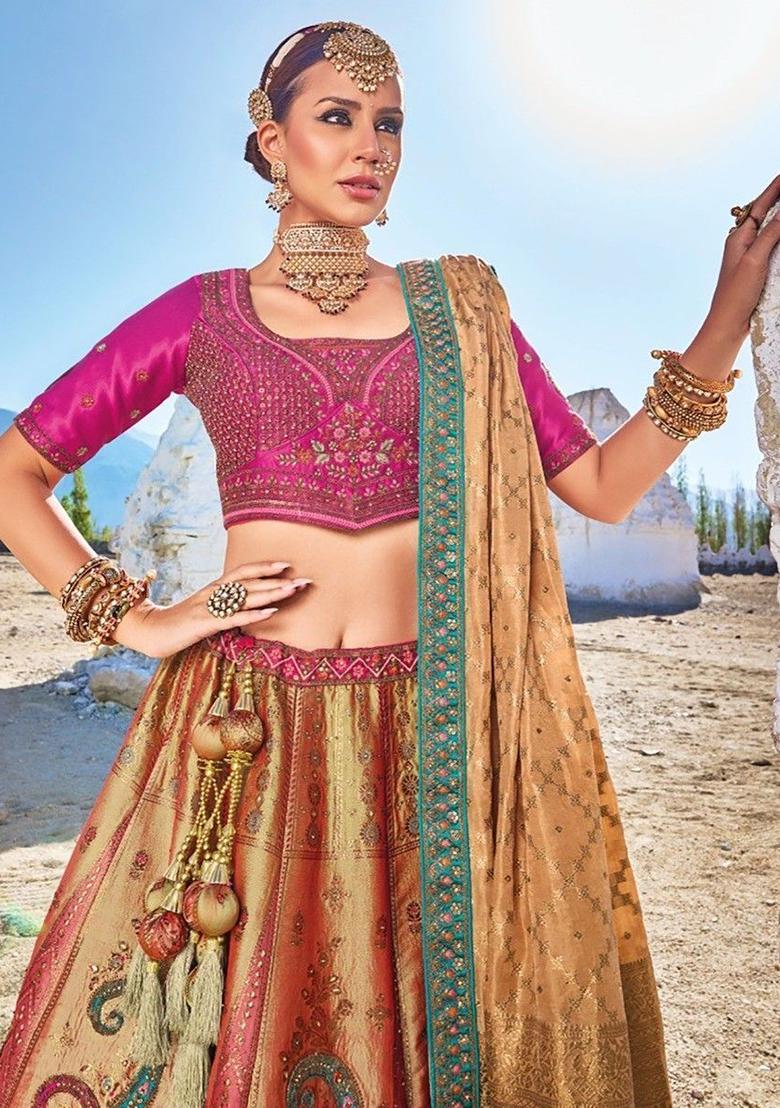 Multicolour Embroidered Silk Lehenga Set