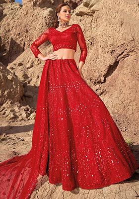 Red Sequin Embroidered Net Lehenga Set