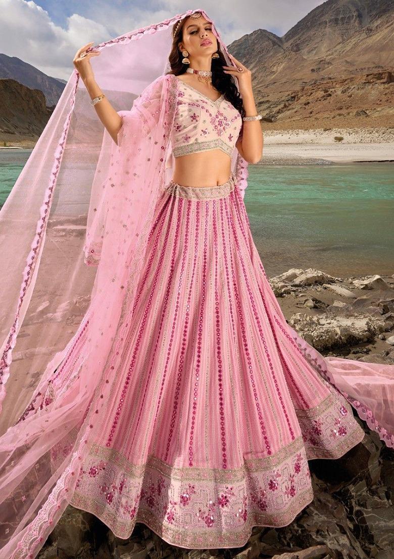 Pink Mirror Work Georgette Lehenga Set