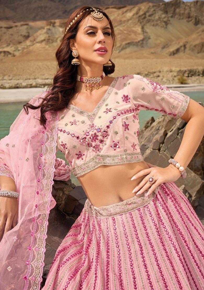 Pink Mirror Work Georgette Lehenga Set