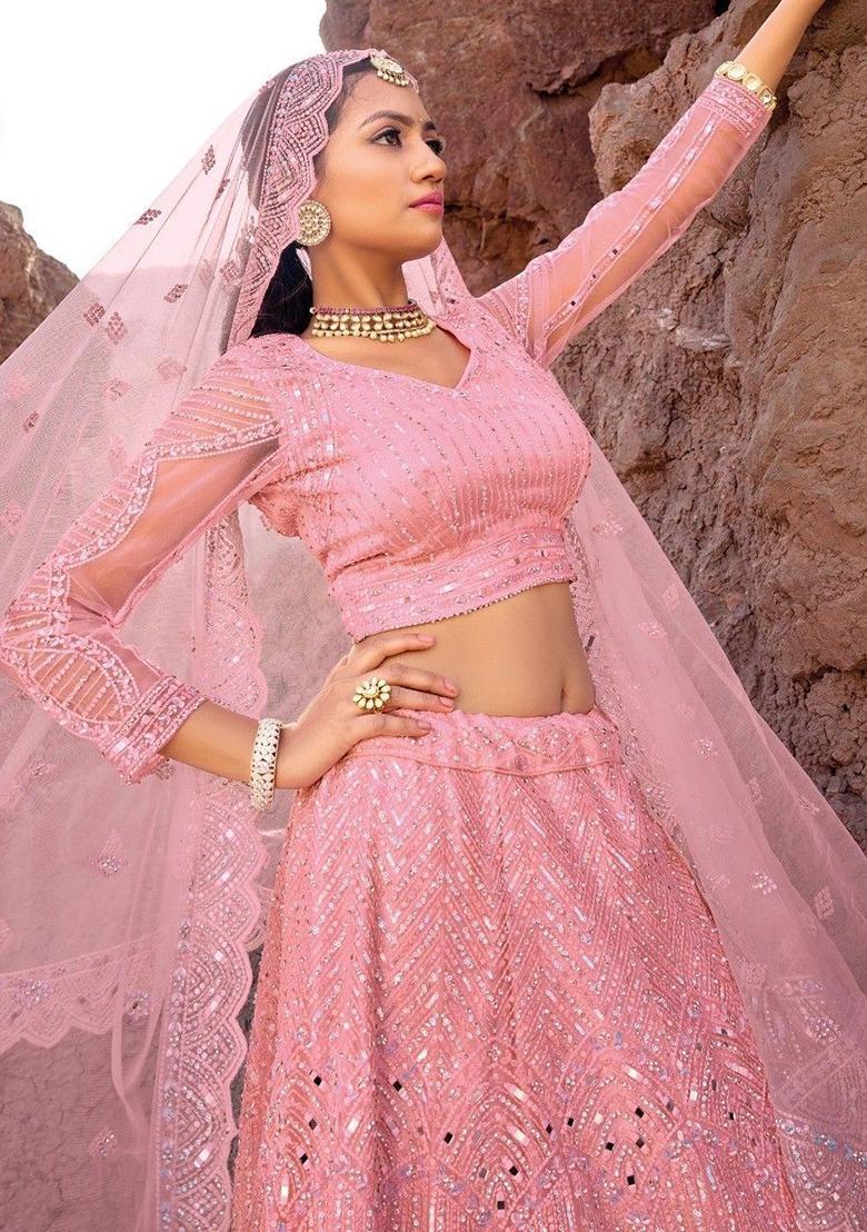 Pink Sequin Embroidered Net Lehenga Set