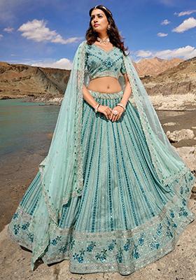 Sky Blue Mirror Work Georgette Lehenga Set