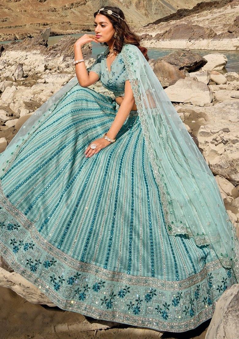 Sky Blue Mirror Work Georgette Lehenga Set