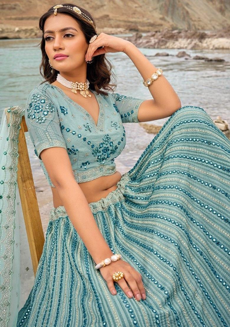 Sky Blue Mirror Work Georgette Lehenga Set
