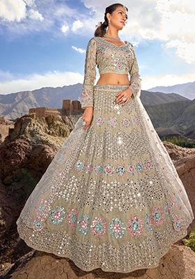 Brown Mirror Work Organza Lehenga Set