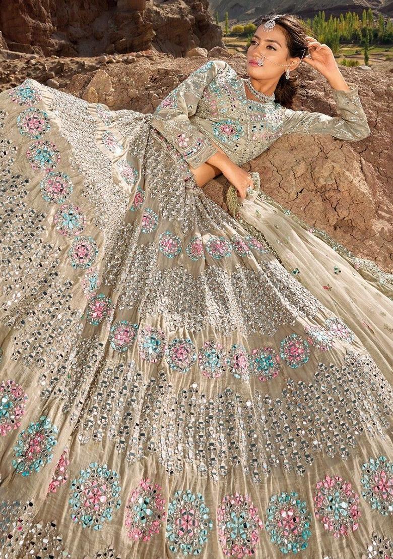 Brown Mirror Work Organza Lehenga Set